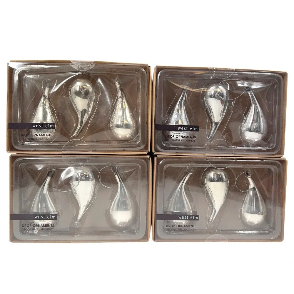 West‎ Elm Drop Ornaments Set 16 Silver Mercury Glass Midcentury Modern Christmas