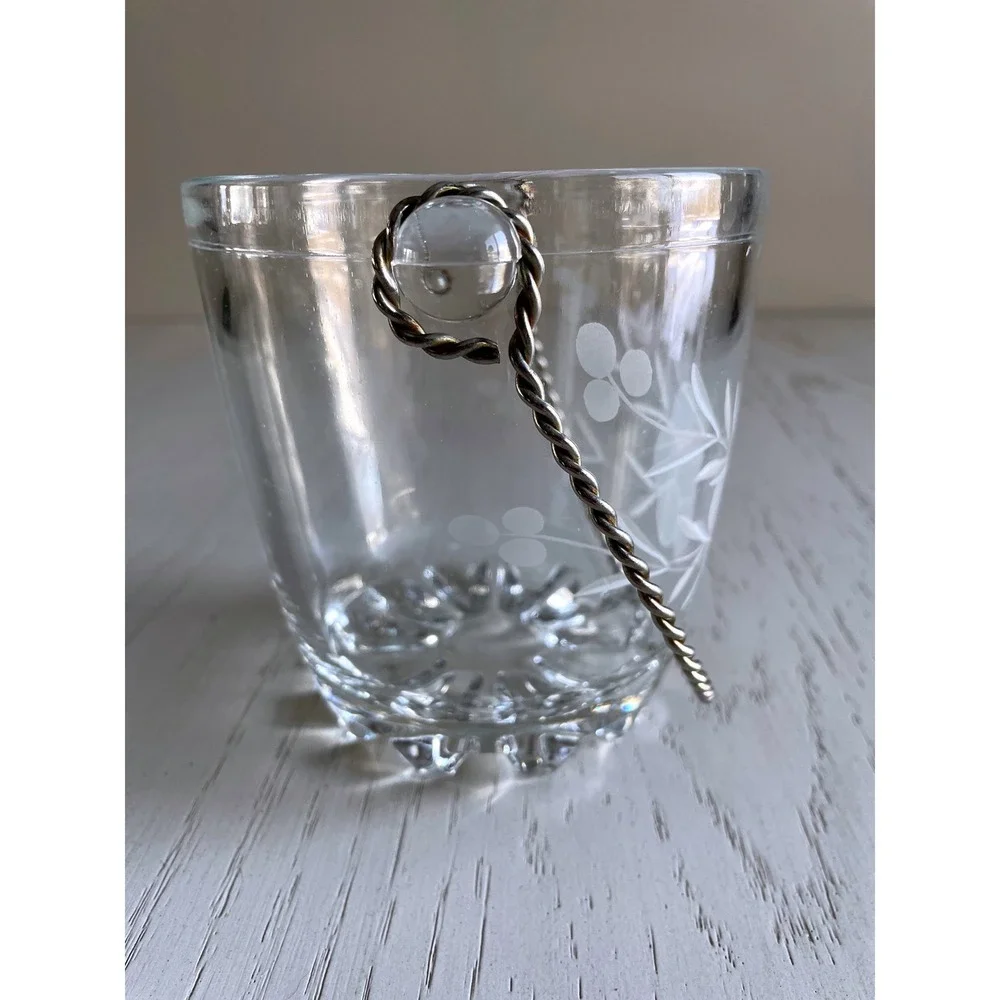 Vintage Midcentury Glass Ice Bucket Etched Floral Design Twisted Metal Handle 5