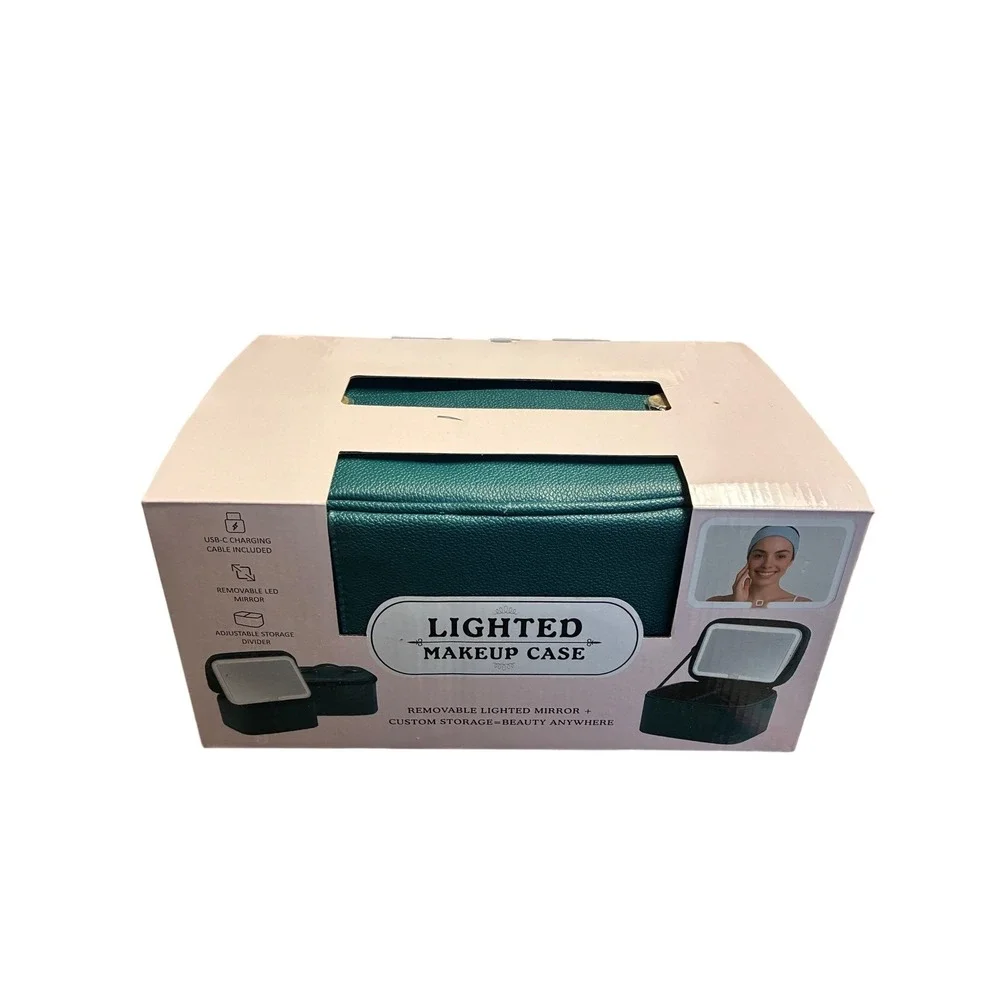 Glo Tech Lighted Makeup Green Case with Removable LED Mirror USB-C Charging NIB‎
