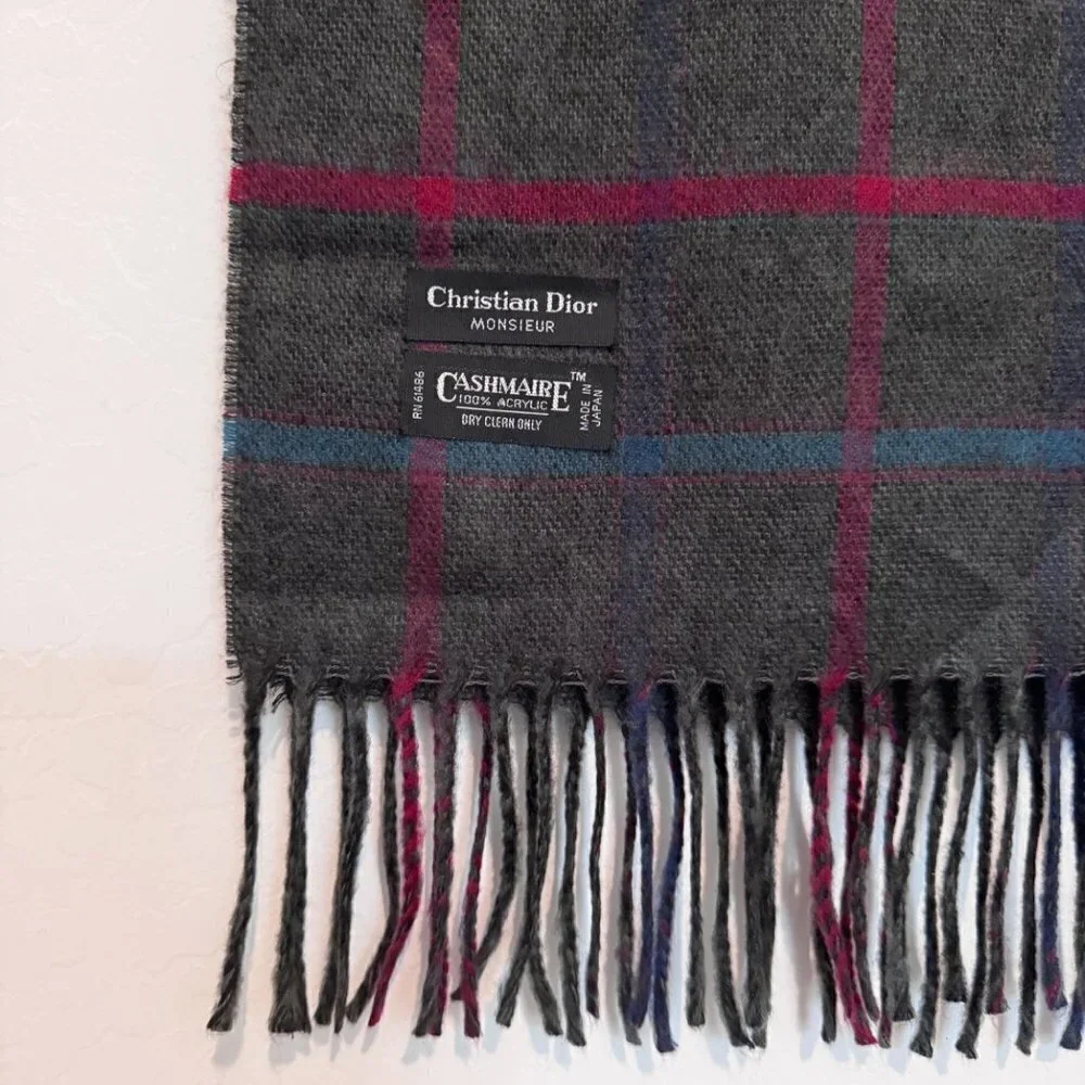 Christian Dior Monsieur Vintage Cashmaire Plaid Fringe Scarf Designer Luxury