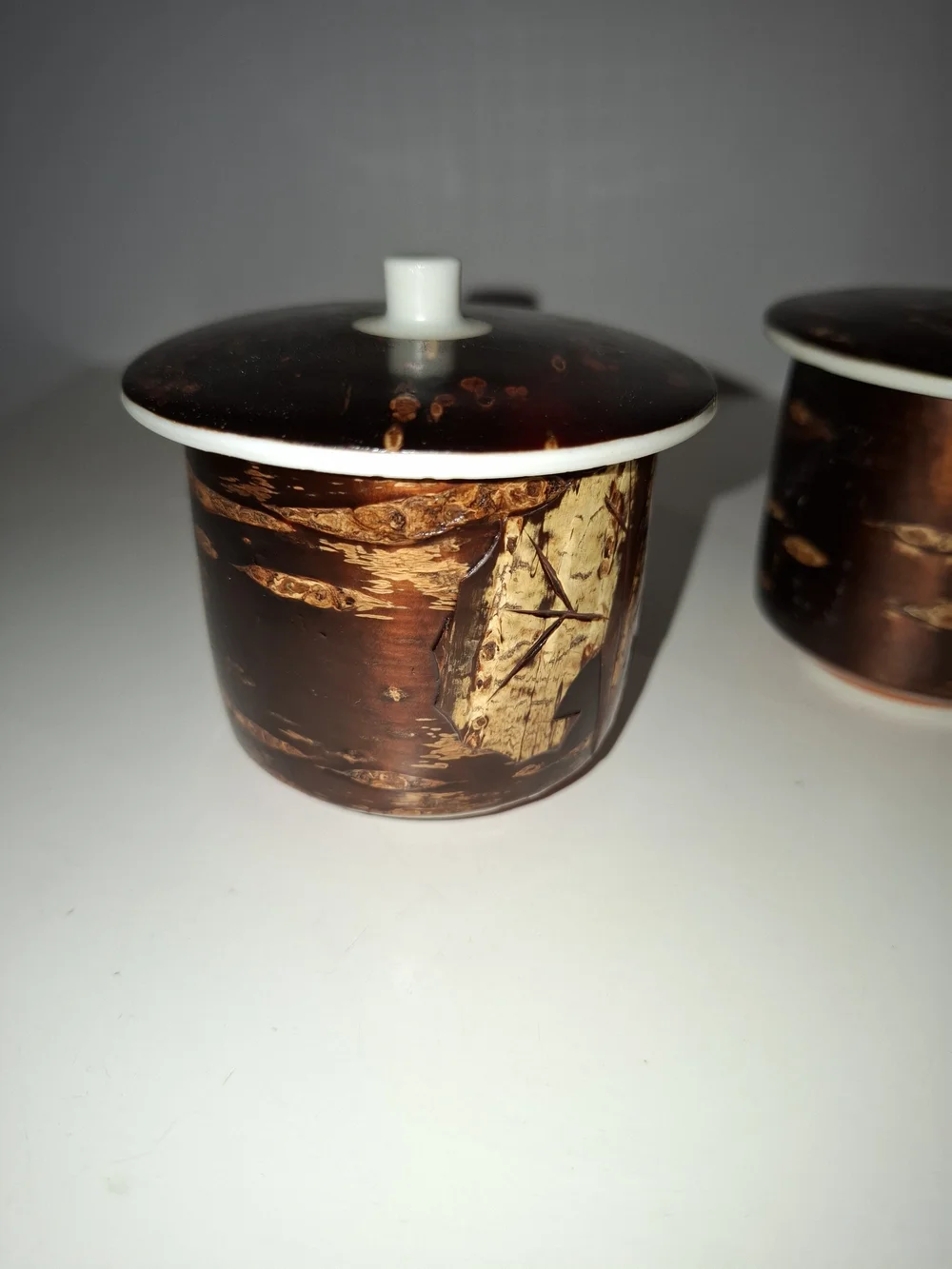 Ceramic Lidded Japense Tea Cups - Real Cherry Bark Inlay Set of 2
