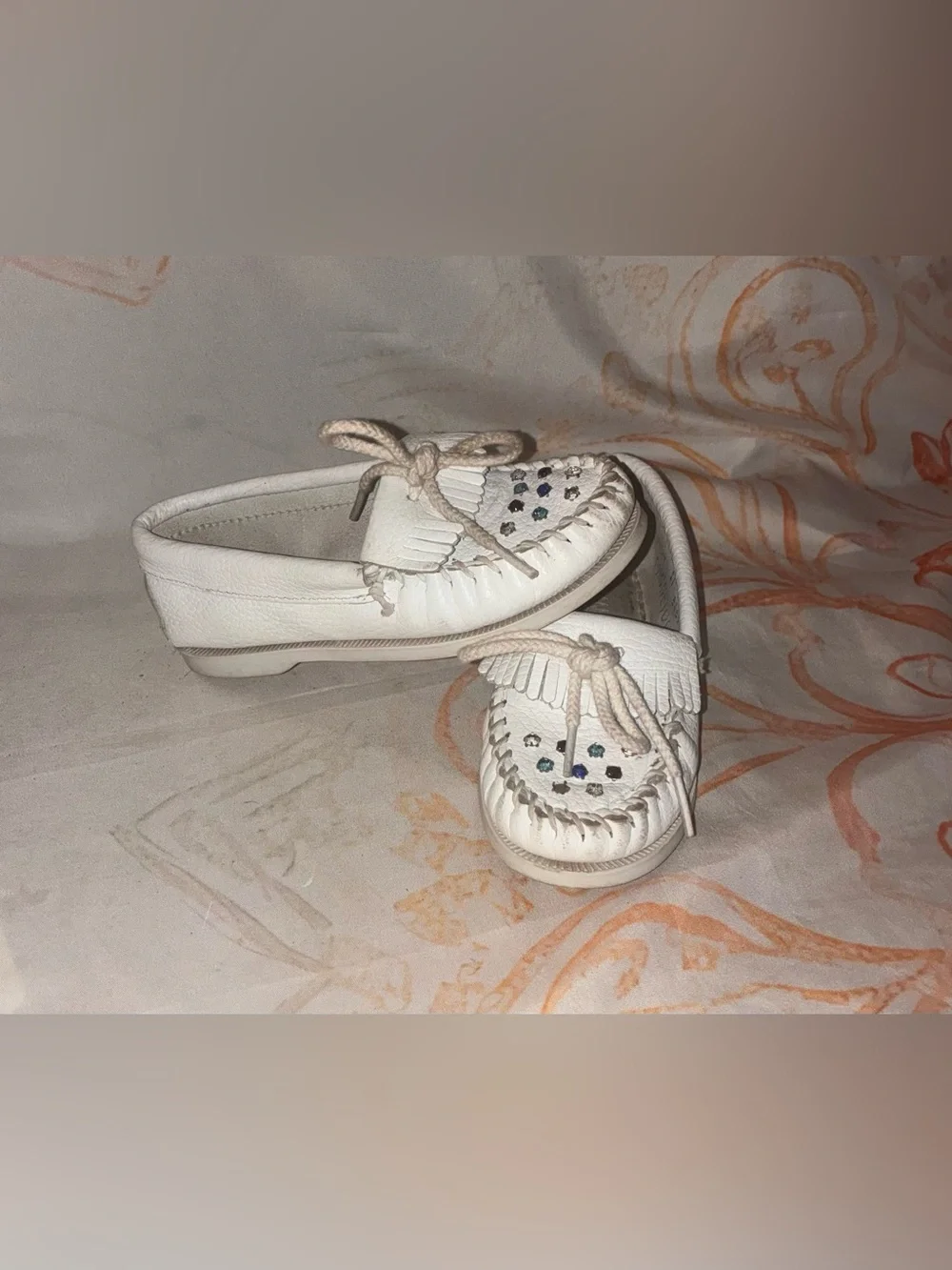 Minnetonka White Kids Moccasins with Bead/Bling Accents