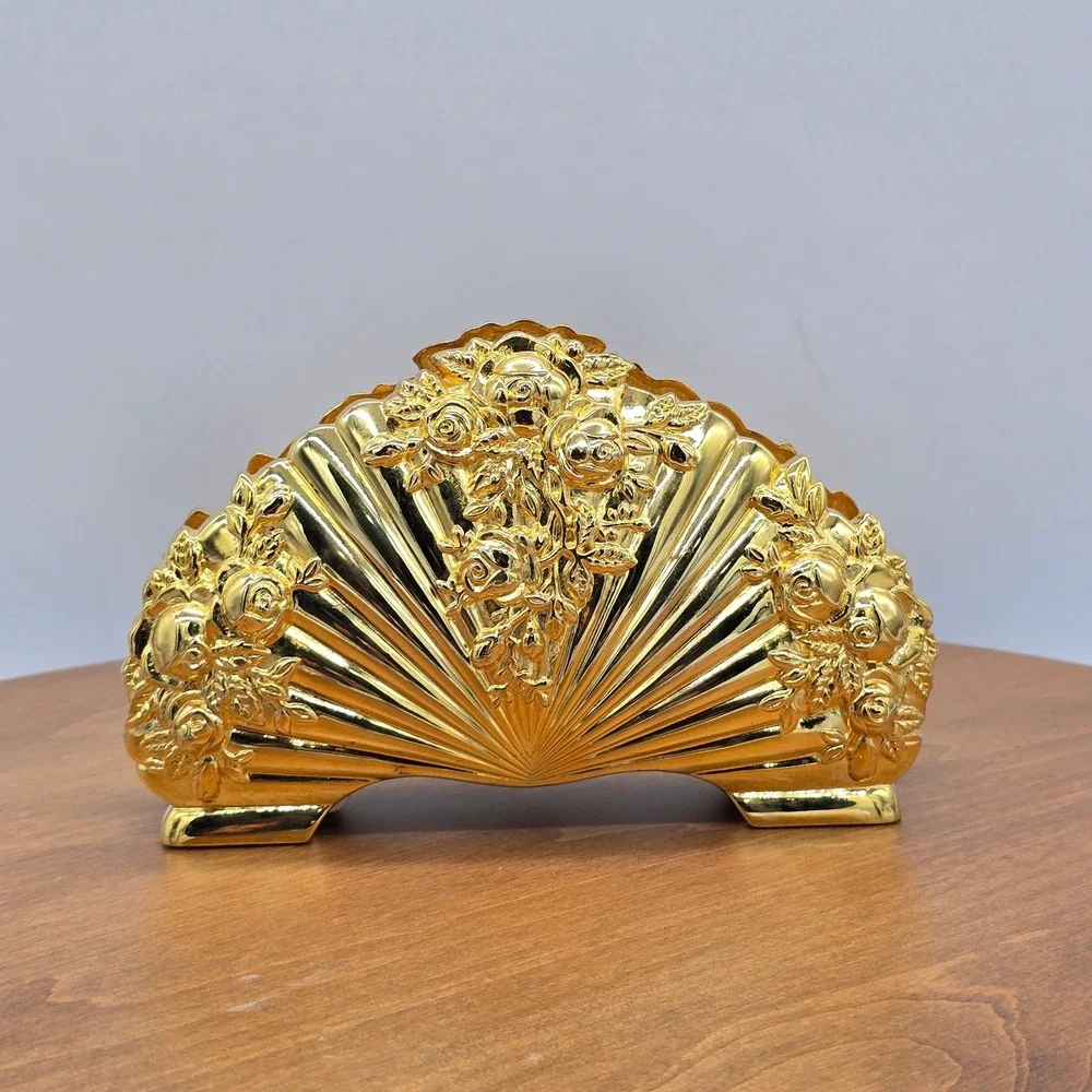 Royal‎ Doulton Gold Fan Rose Napkin Holder Elegant Ornate Table Decor