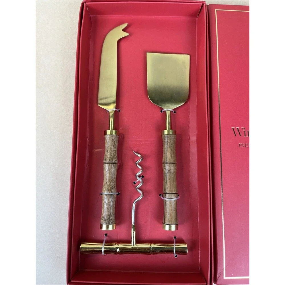 Talbots‎ 3 Pc Cheeseknives and Corkscrew Wintertaining Set New Bamboo Style Gift