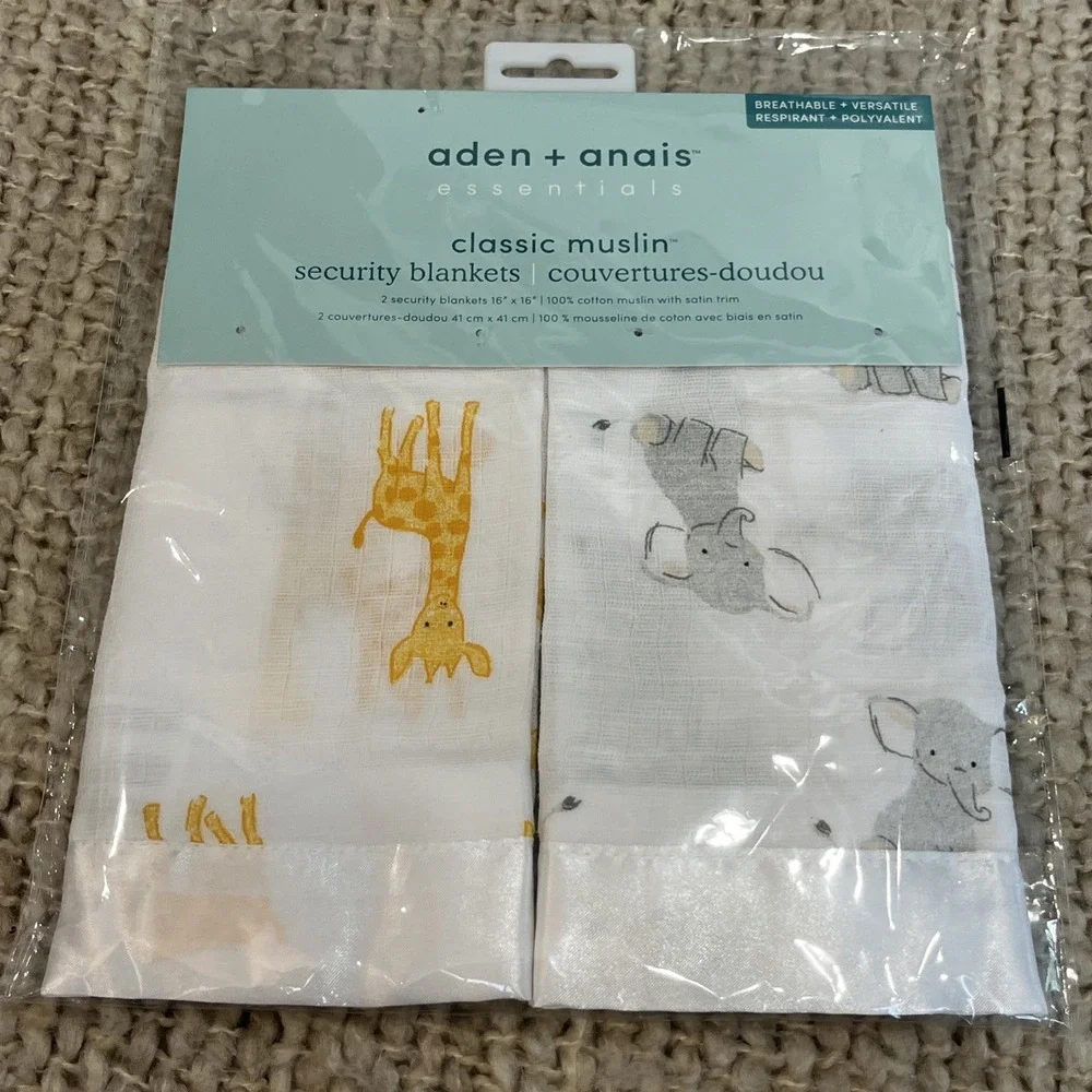 Aden Anais Set of 2 Security Blankets Satin Trim Elephant Giraffe Muslin Cotton