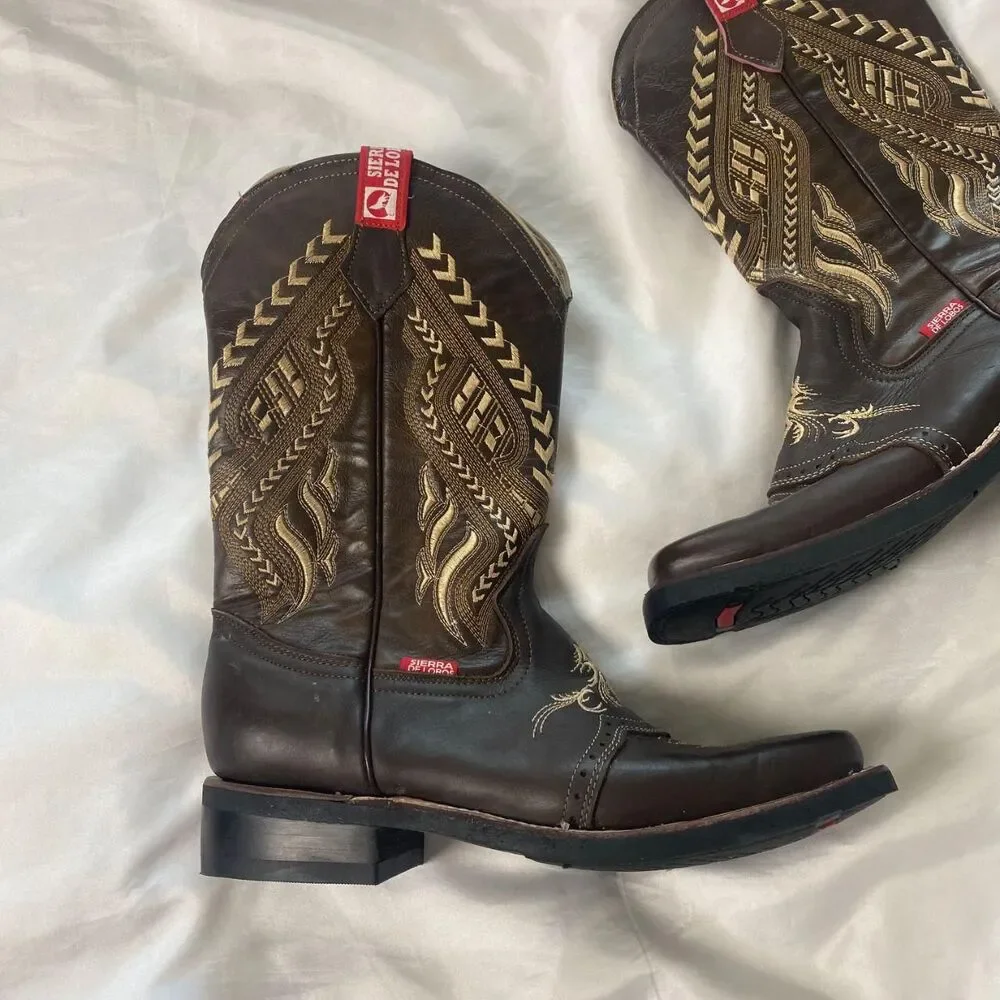 New Sierra De Lobos Leather Cowboy Boots Brown Square Toe Western Ranch Men 10.5