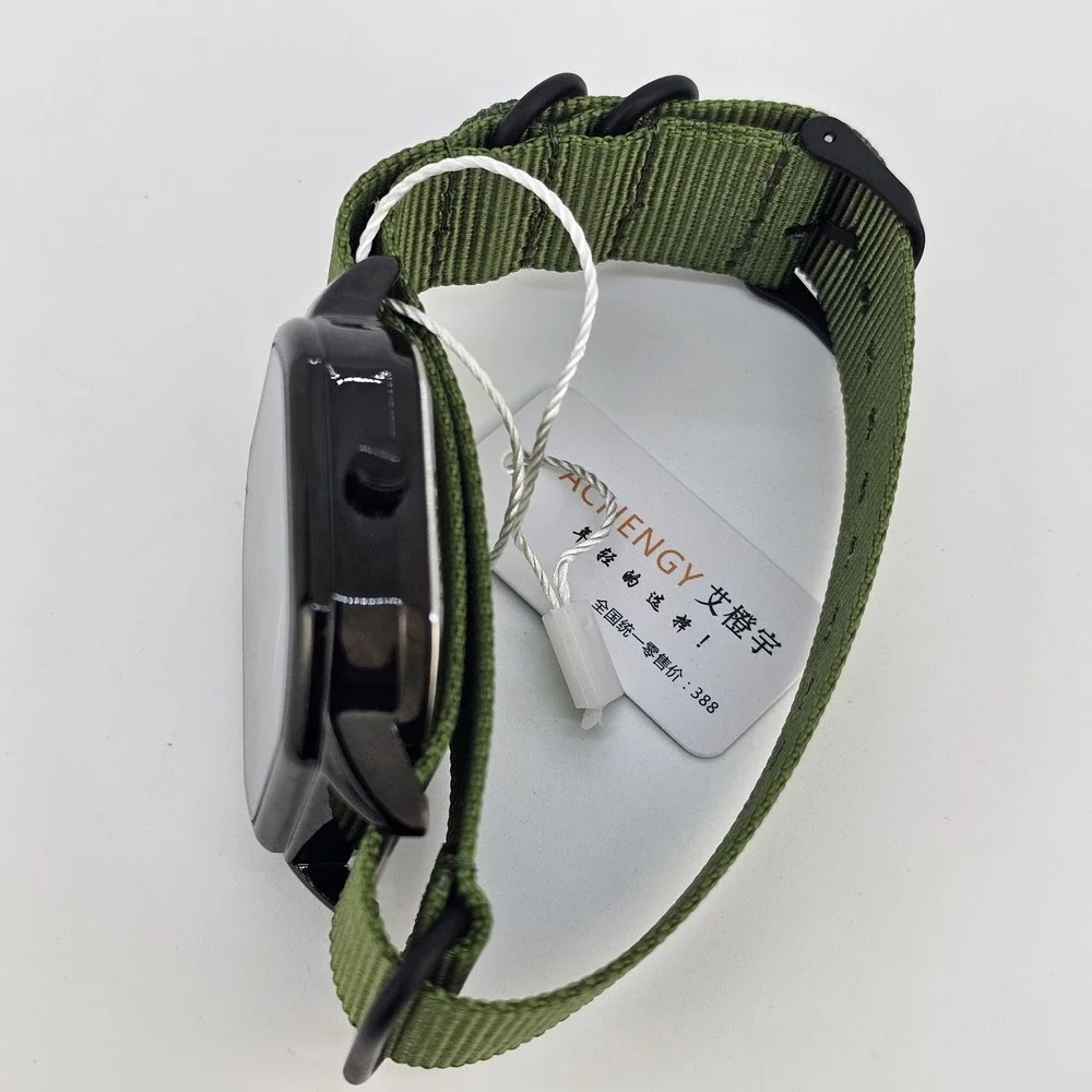 Men's Watch‎ 42MM Black Dial Black Case Date Army Green Canvas Band New Battery
