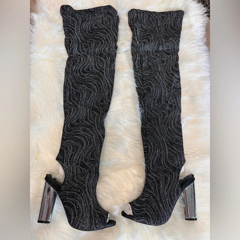 New: Bamboo Bling peep toe block‎ heel boots