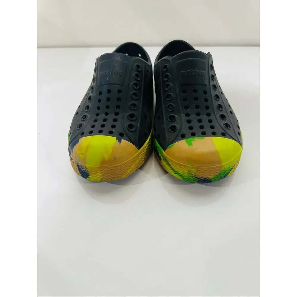 Native Jefferson Marbled Kids Shoes Jiffy Black/Grasshopper Green/Marble C8 Chil