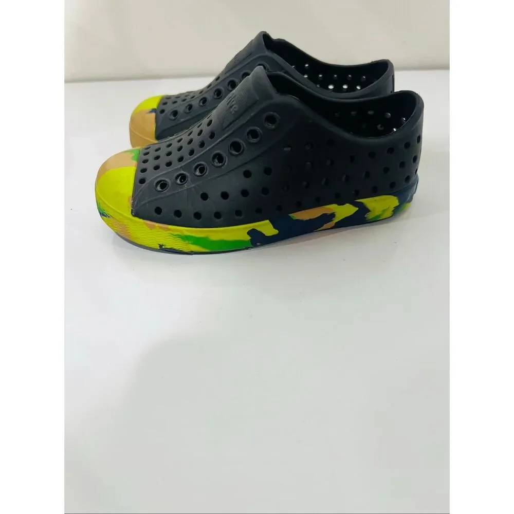 Native Jefferson Marbled Kids Shoes Jiffy Black/Grasshopper Green/Marble C8 Chil