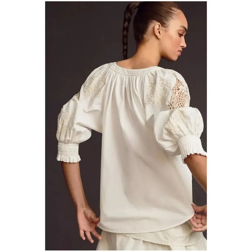 Anthropologie Women’s Sz S White Cream Crochet Blouse Short Puff Sleeve