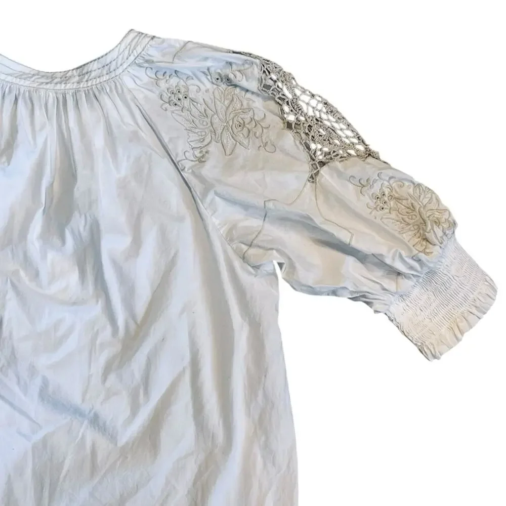 Anthropologie Women’s Sz S White Cream Crochet Blouse Short Puff Sleeve