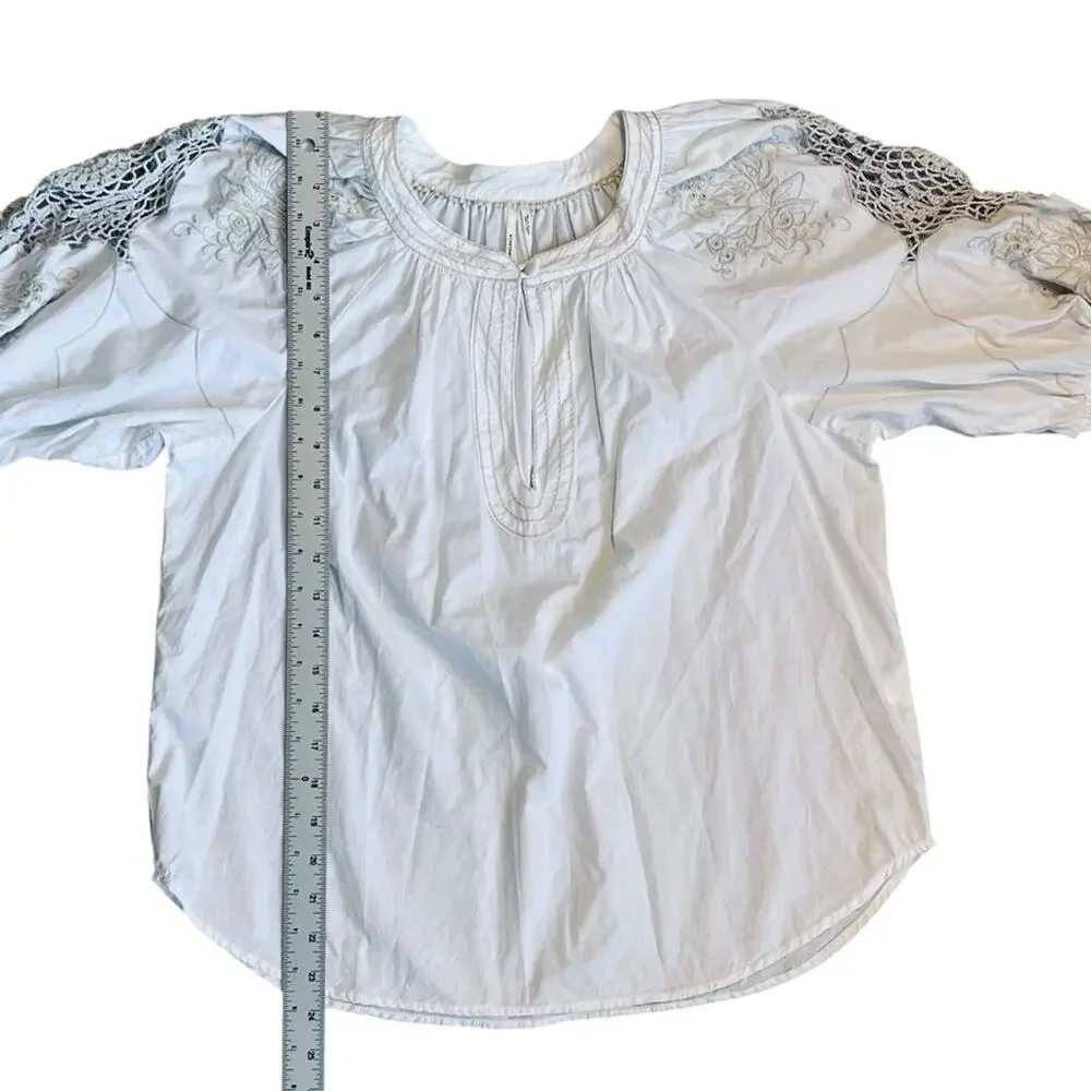Anthropologie Women’s Sz S White Cream Crochet Blouse Short Puff Sleeve