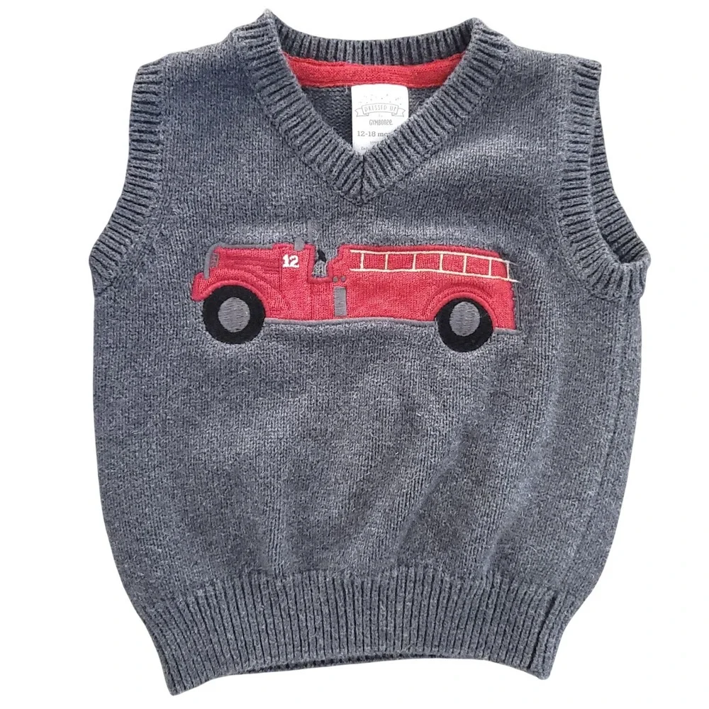 Gymboree Boys Gray Fire Truck Cotton Knit‎ Sweater Vest 12-18 Months Dressed Up