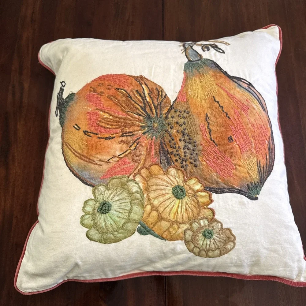 Pottery Barn Throw Pillow Velvet‎ Embroidered Applique Botanical Feather Insert