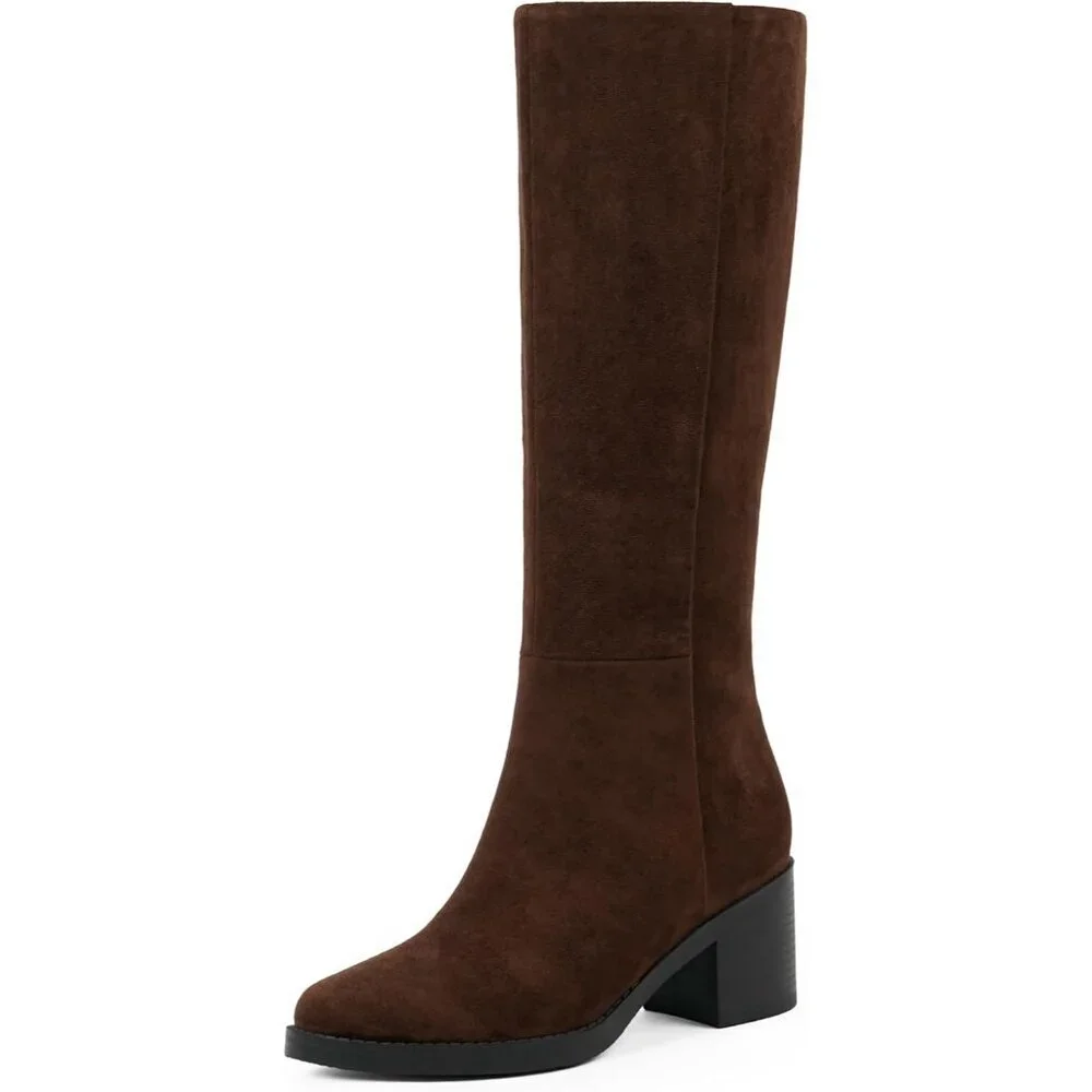 Women's Chocolate Suede Chunky Heel Round Zipper Winter Dress Knee High Boots
