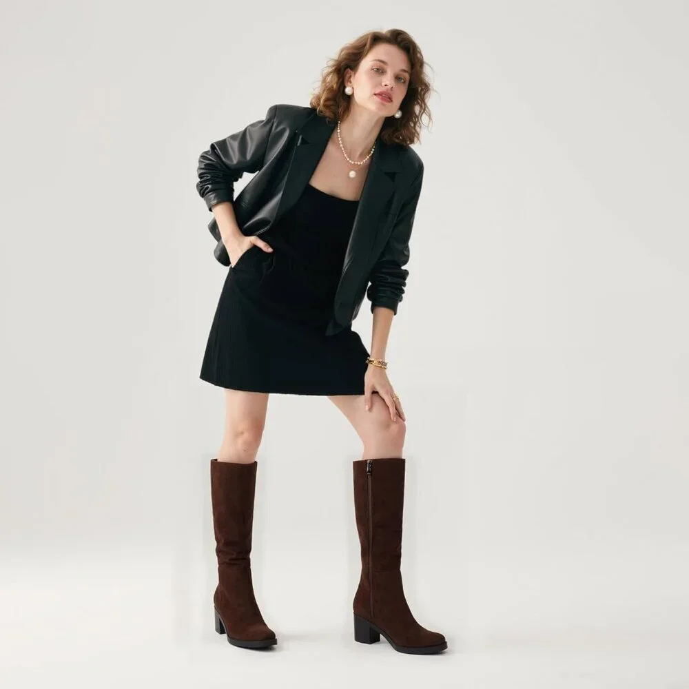 Women's Chocolate Suede Chunky Heel Round Zipper Winter Dress Knee High Boots