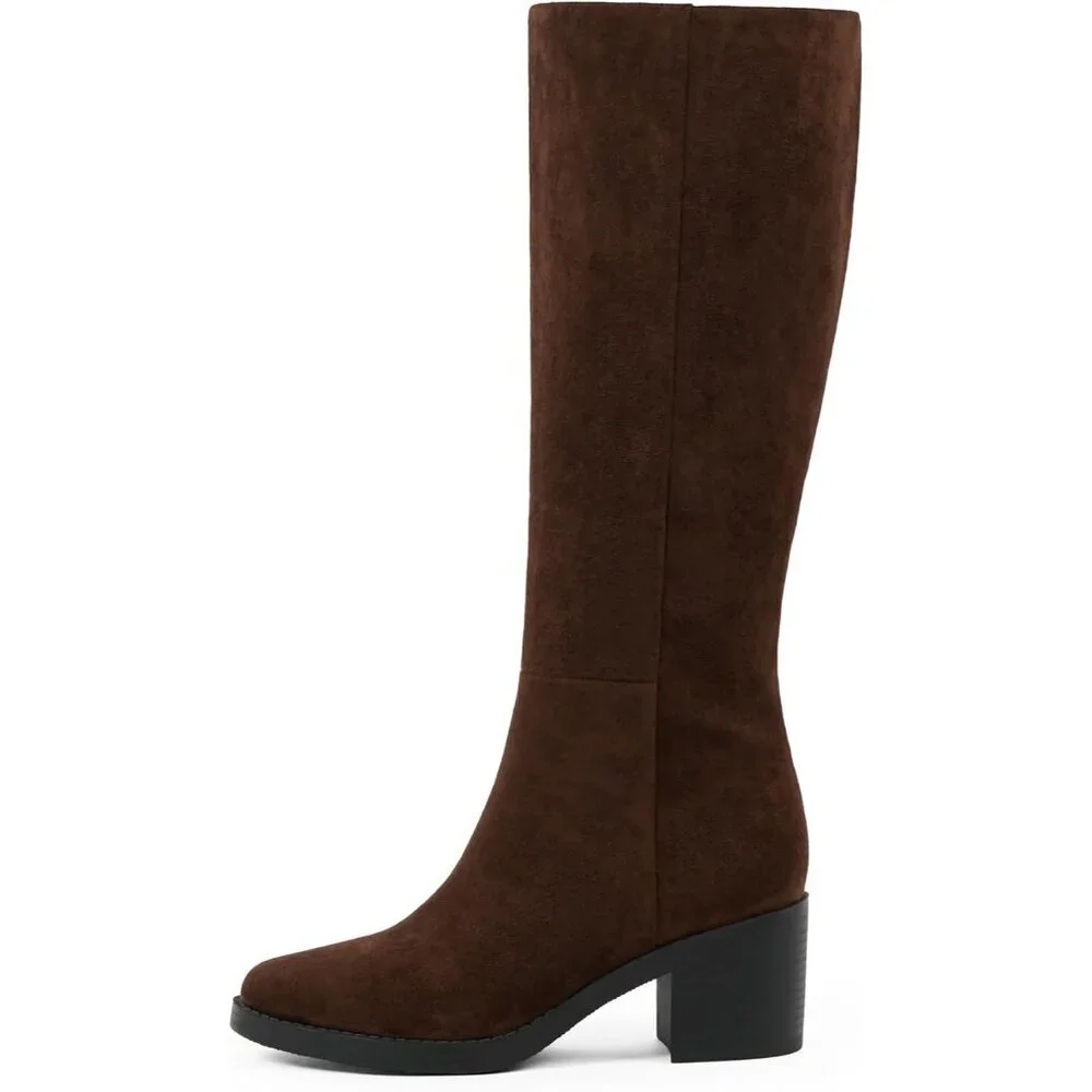 Women's Chocolate Suede Chunky Heel Round Zipper Winter Dress Knee High Boots
