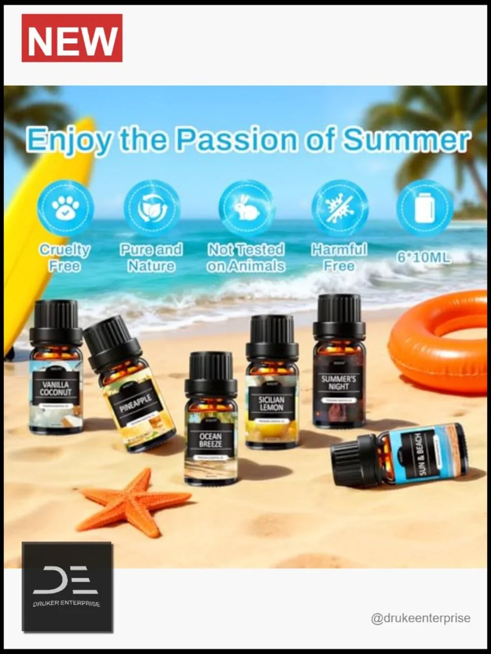 Summer Essential Oils Set for Diffusers, Candles, Aromatherapy Gift 6x10ml