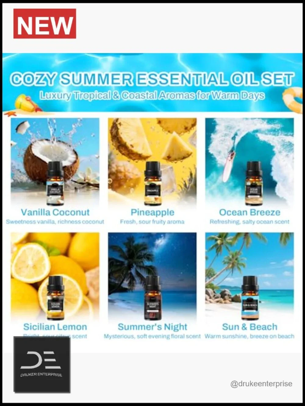 Summer Essential Oils Set for Diffusers, Candles, Aromatherapy Gift 6x10ml