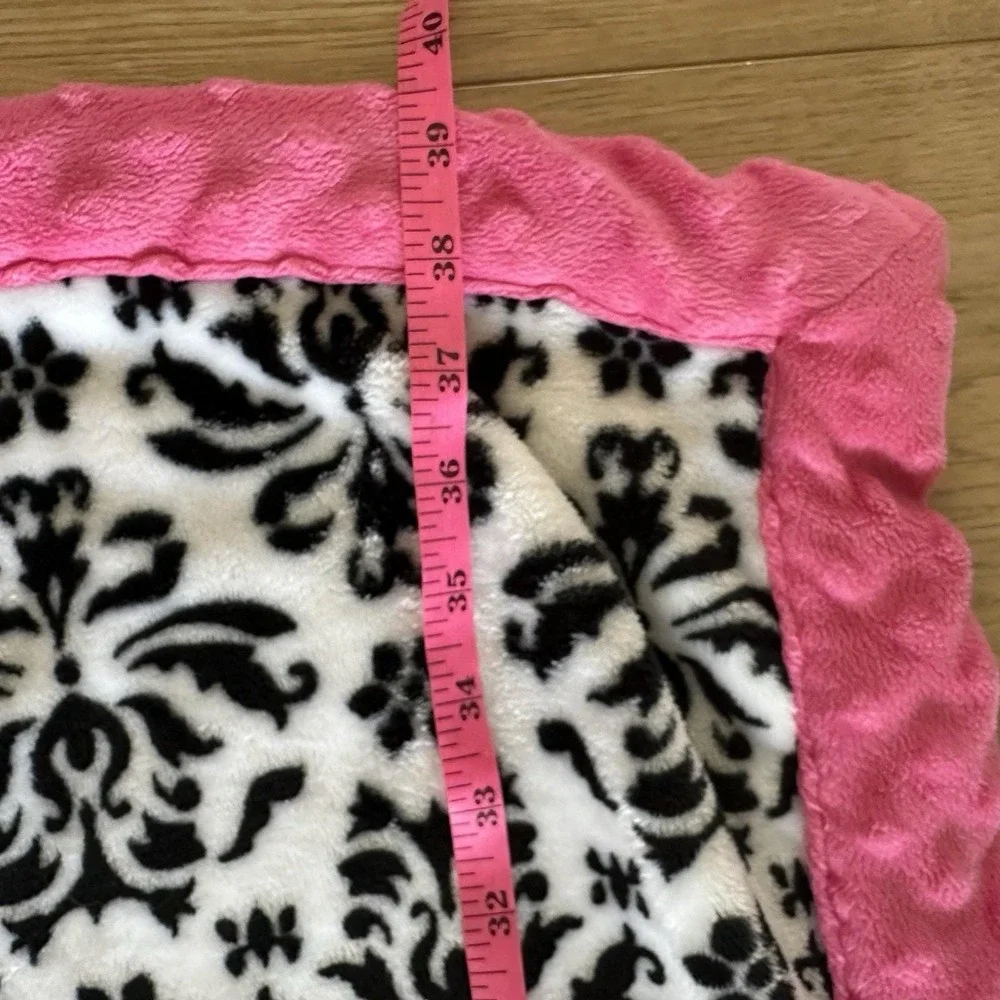 Okie Dokie Damask Baby Blanket Black White Hot Pink Minky Dot Trim Edge 30x40