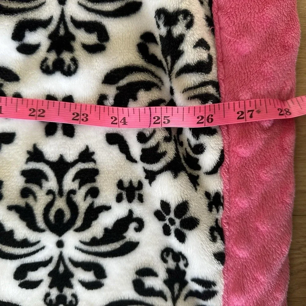 Okie Dokie Damask Baby Blanket Black White Hot Pink Minky Dot Trim Edge 30x40