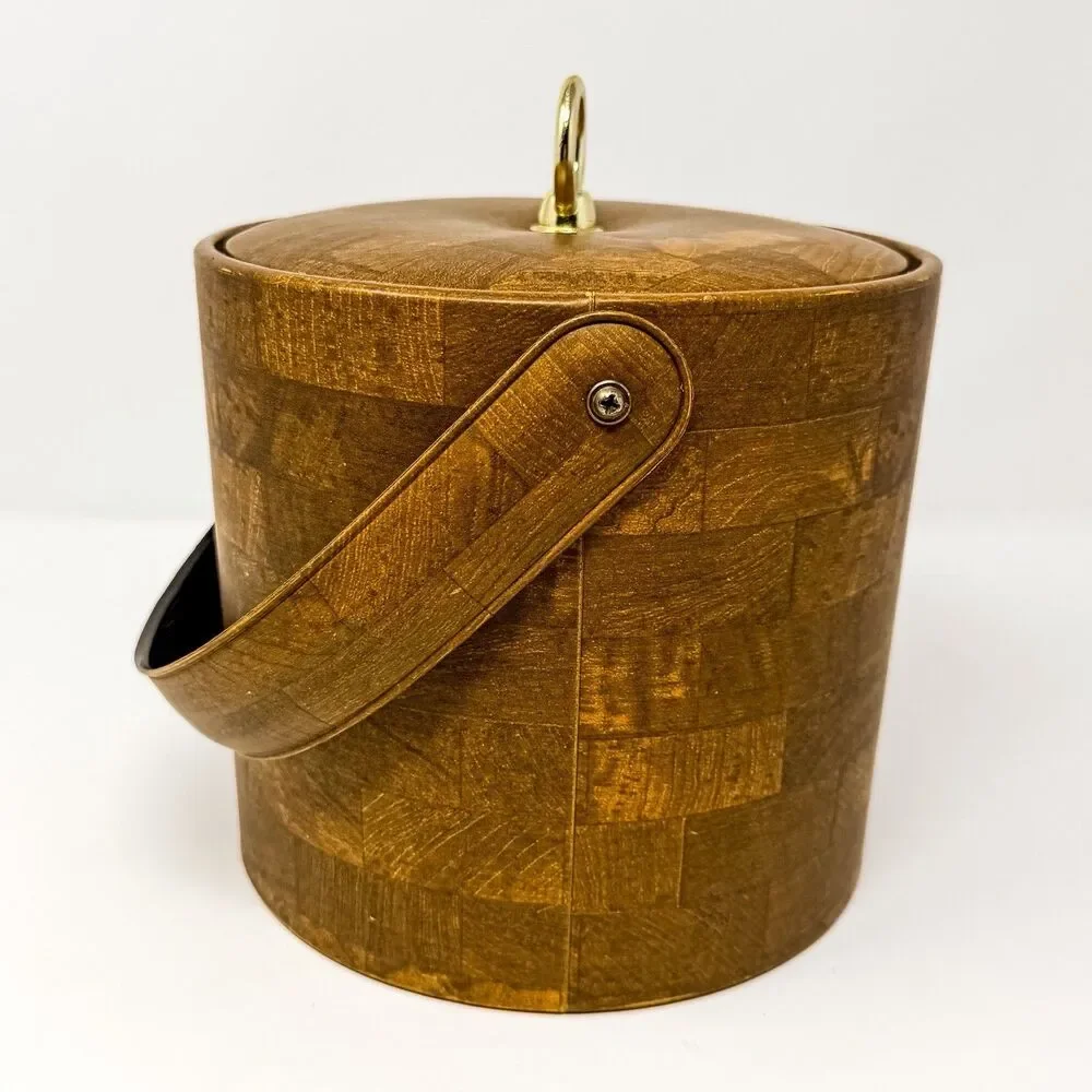 Vintage Retro Faux Wood Ice Bucket Gold Clasp Handle & Lid MCM Bar Cart Essentia