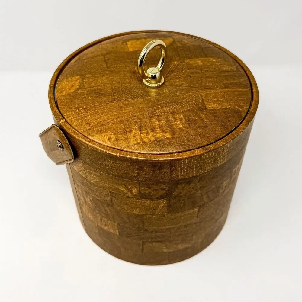 Vintage Retro Faux Wood Ice Bucket Gold Clasp Handle & Lid MCM Bar Cart Essentia