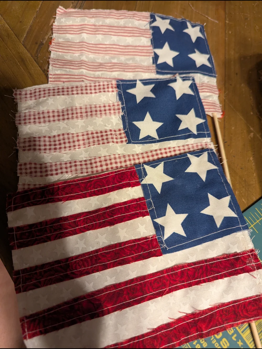 Set Of 3 Double Sided Handcrafted Red, White & Blue Fabric Flags- Patriotic