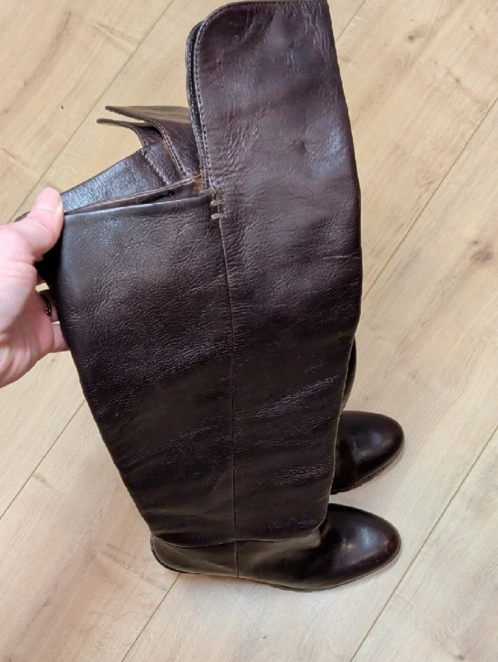Leather Knee-High Block Heel Boots in Dark Brown