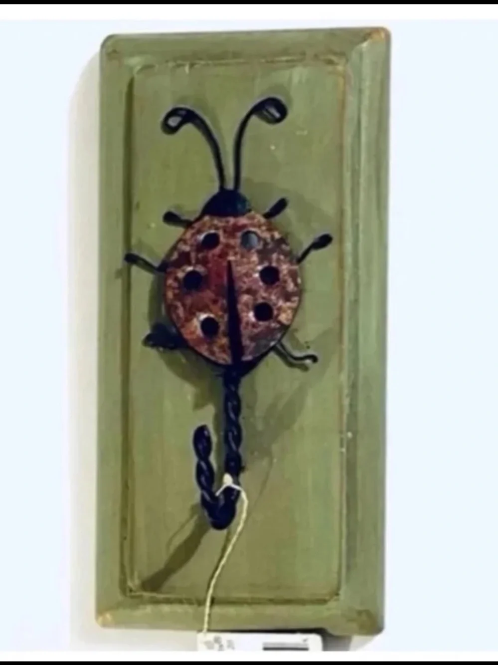 Bugging Out Metal Ladybug on Wood with Coat-hanger Hook Keys etc 6x3x1”