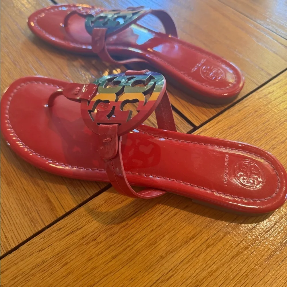Tory Burch ruby red rainbow Miller sandals limited edition , size 8.5 excellent