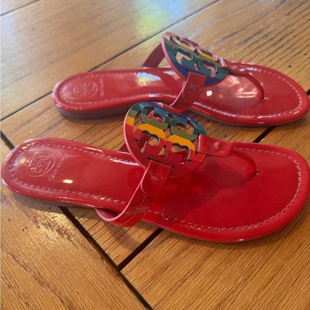Tory Burch ruby red rainbow Miller sandals limited edition , size 8.5 excellent