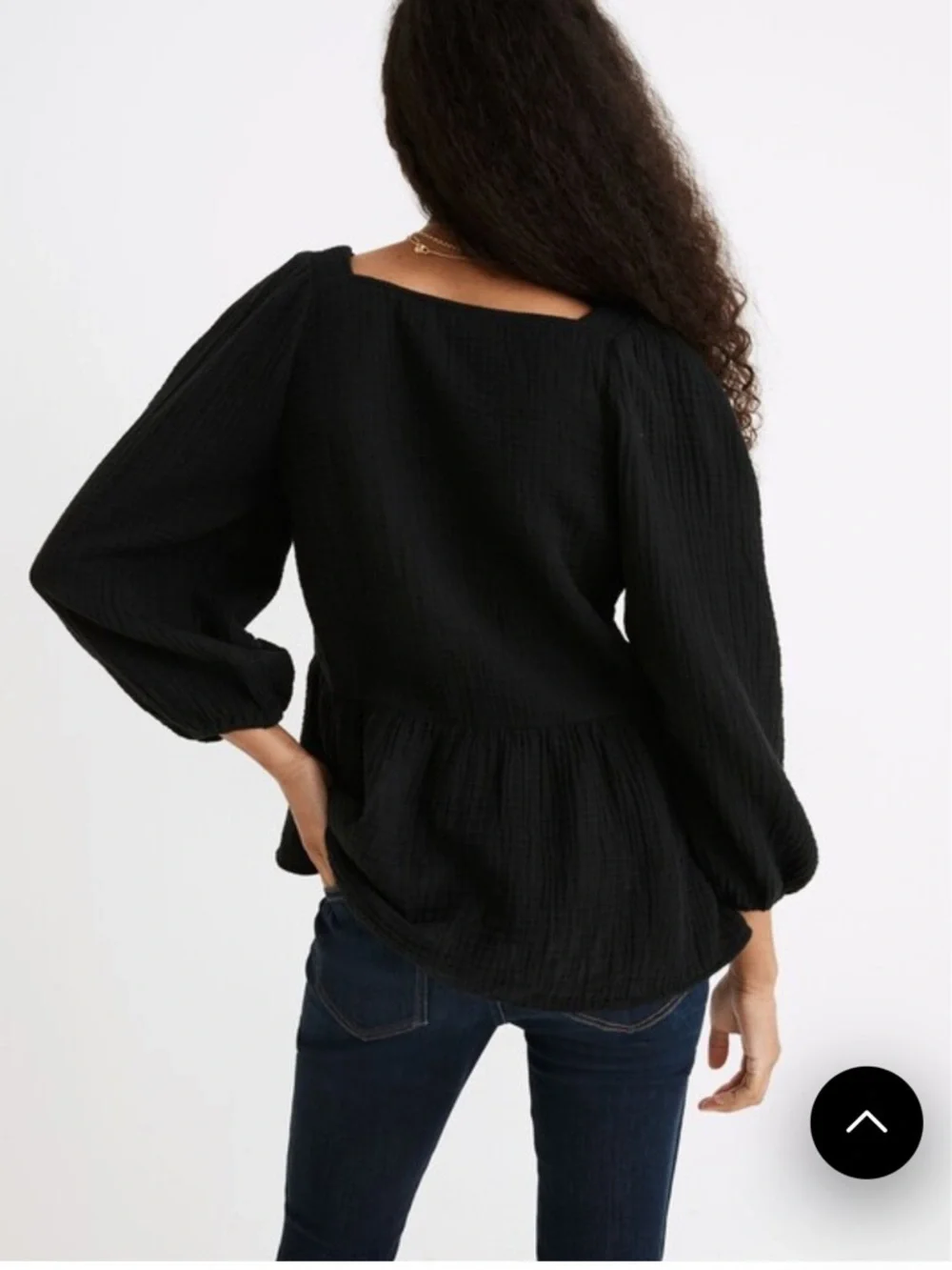 Madewell Lightspun Millbrook Puff-Sleeve Peplum Top in True Black - Size M