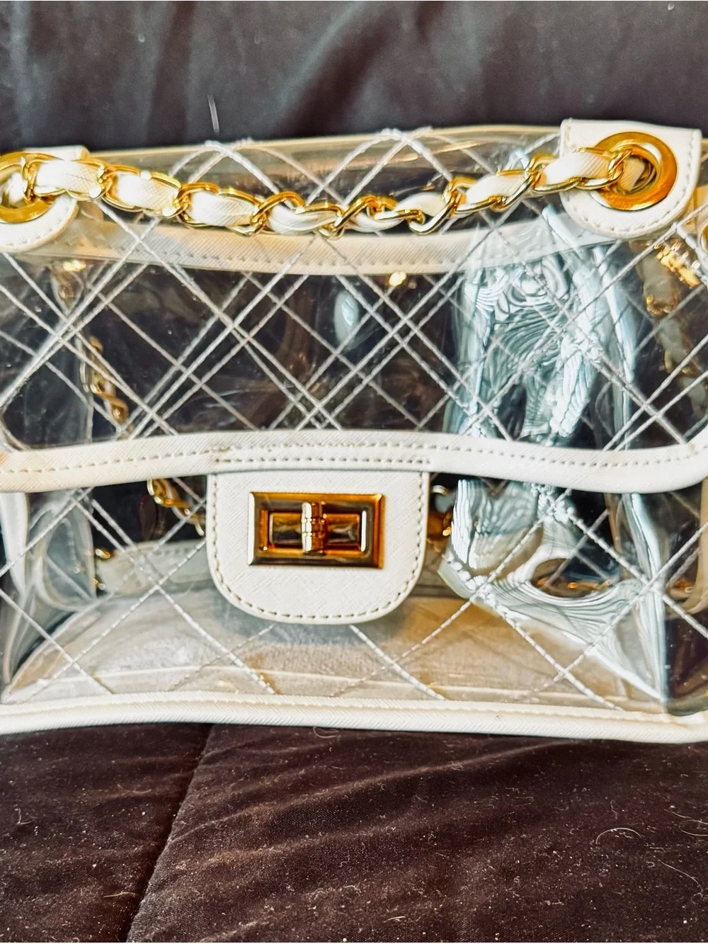Clear Quilted PVC Shoulder Bag with White Trim and Gold Hardware