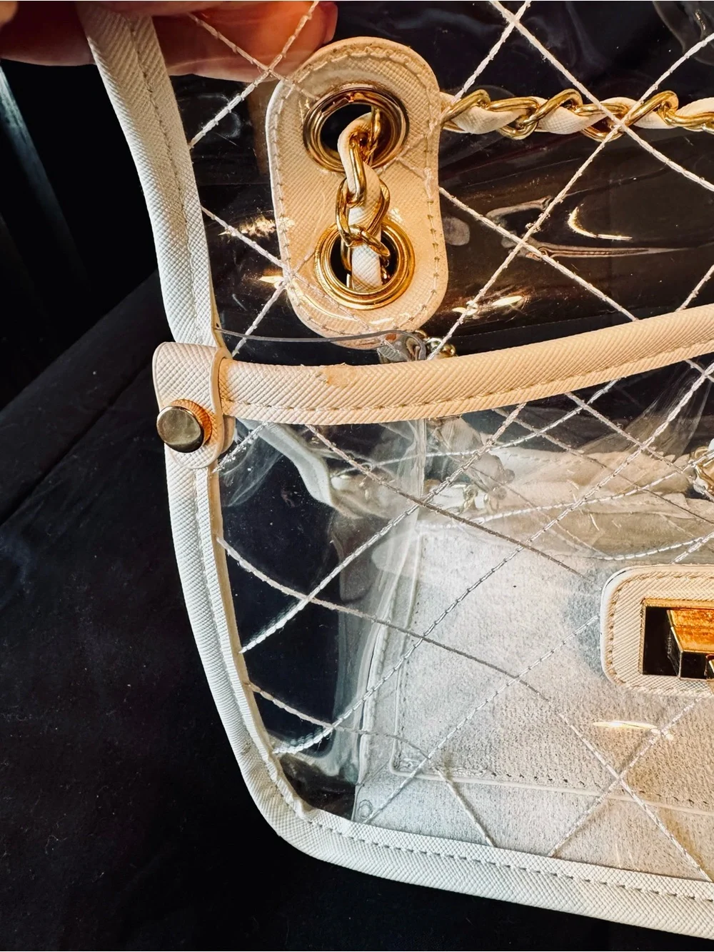 Clear Quilted PVC Shoulder Bag with White Trim and Gold Hardware