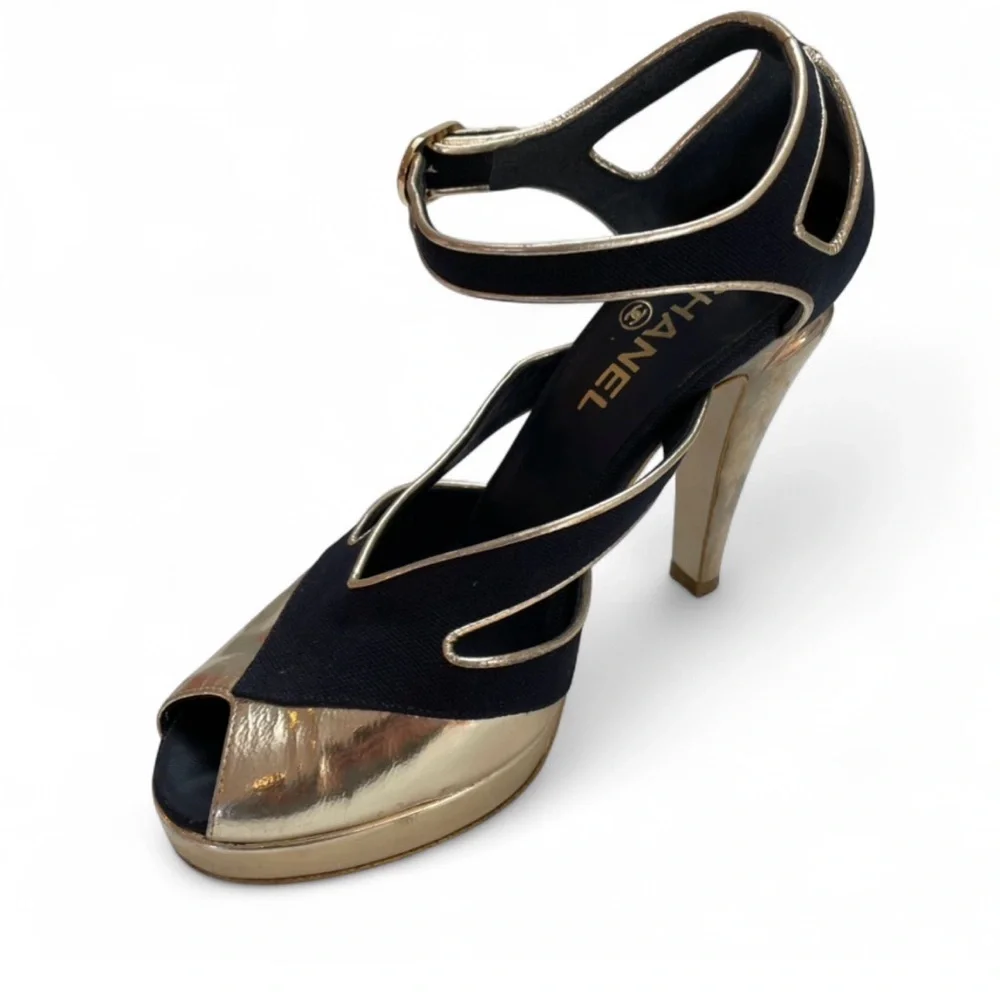 Chanel Gold Leather & Navy Peep-Toe Heels Size 7.5