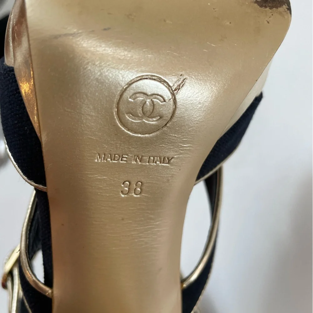 Chanel Gold Leather & Navy Peep-Toe Heels Size 7.5