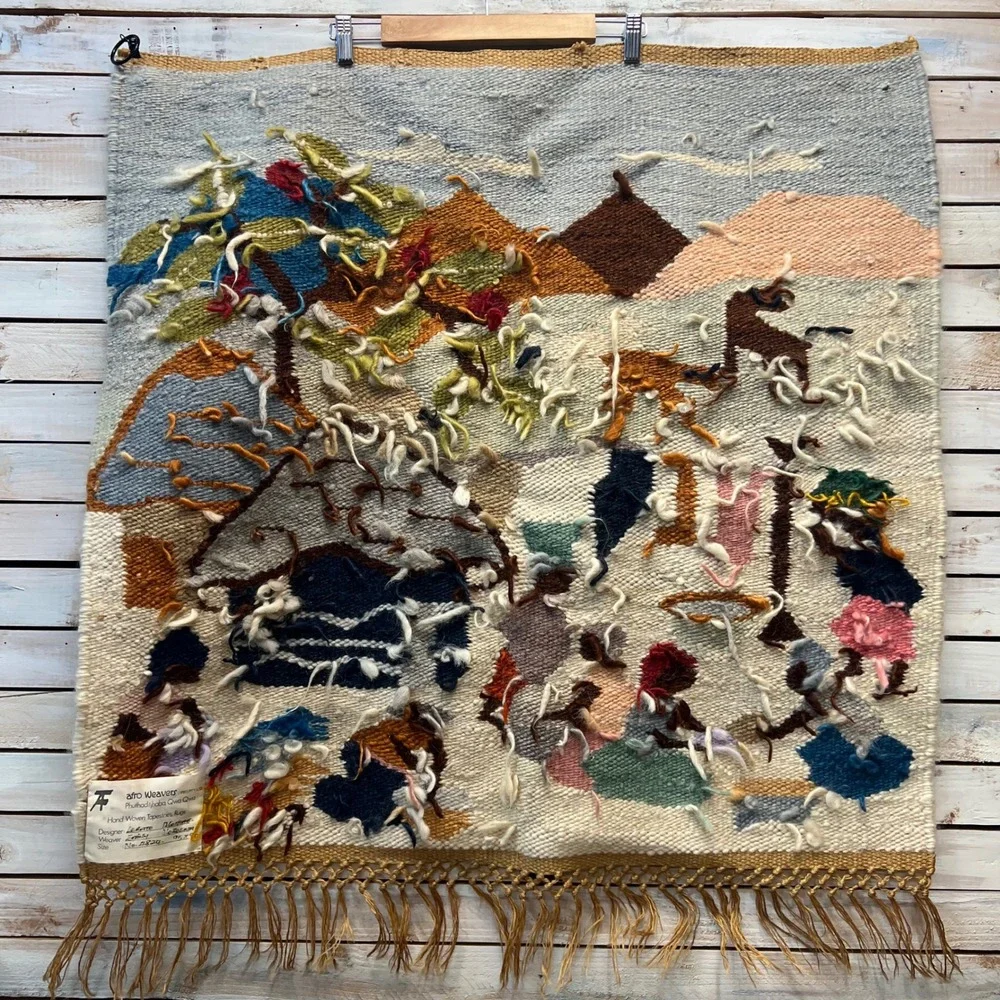 Vintage Afro Weavers Multi Wool Hand Woven Tapestry Village Scene 95x90