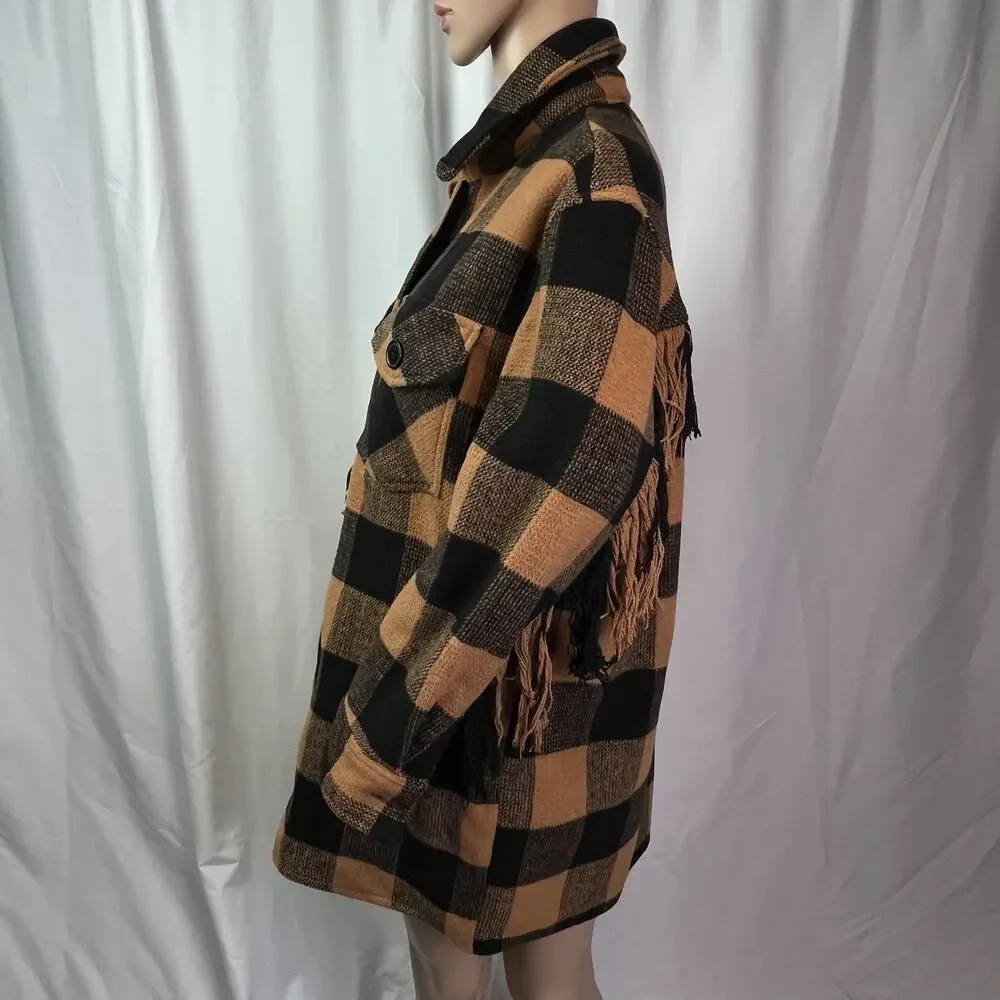 Aqua Jacket Womens Medium Black Orange Plaid Fringe Western Wool Button Front