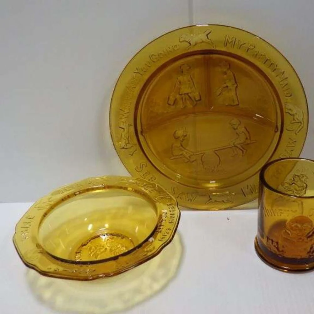 Vintage Amber Glass Nursery Rhyme Children’s Dishes Mother Goose Humpty Dumpty