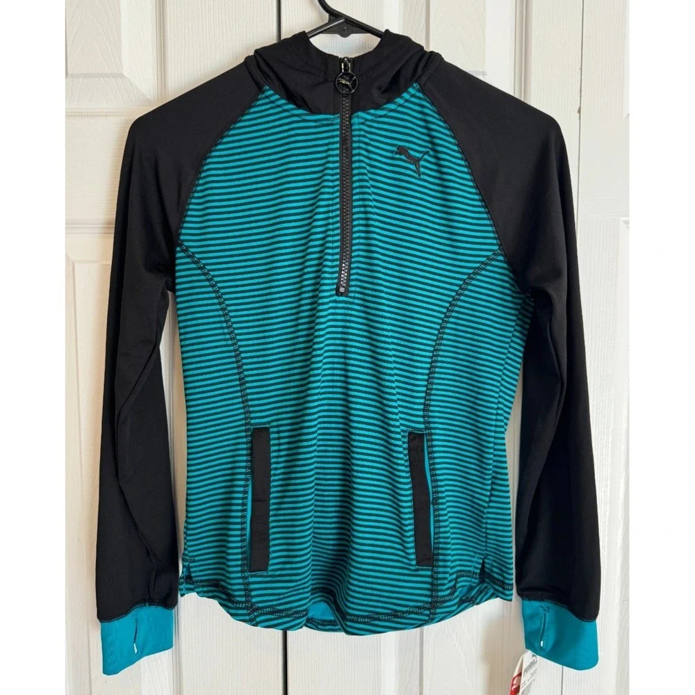 NEW Puma 1/2‎ Zip Hoodie Striped Shirt Teal & Black Girls Size Large