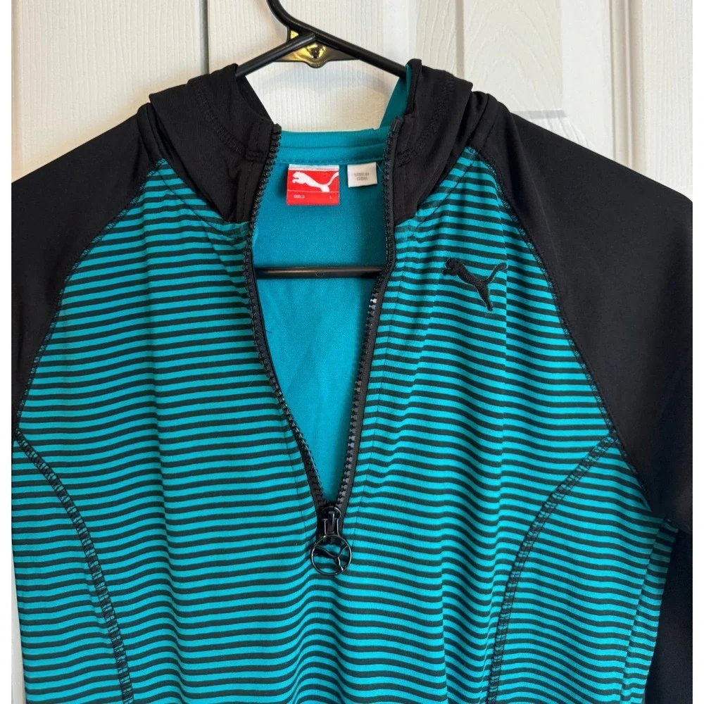 NEW Puma 1/2‎ Zip Hoodie Striped Shirt Teal & Black Girls Size Large