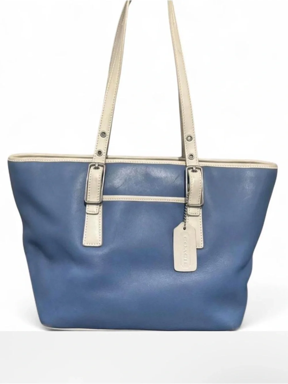 Coach Vintage Leather Shoulder Tote Purse Silver Buckle Minimalist Blue