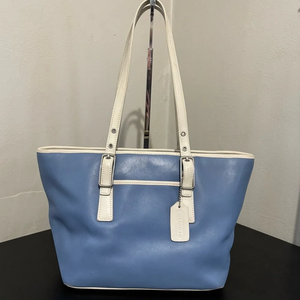 Coach Vintage Leather Shoulder Tote Purse Silver Buckle Minimalist Blue