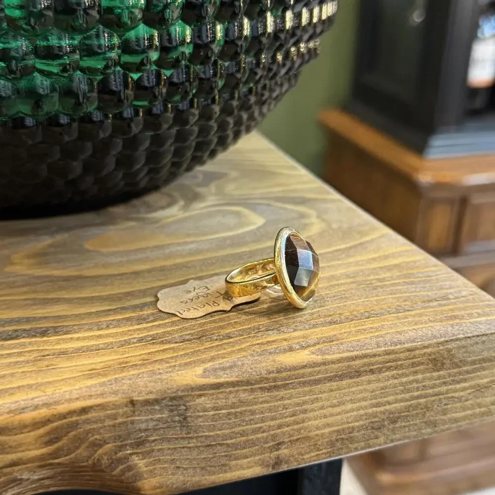 Vintage Gold Plated Tigers Eye Ring‎ Large Stone Jewelry Statement Single