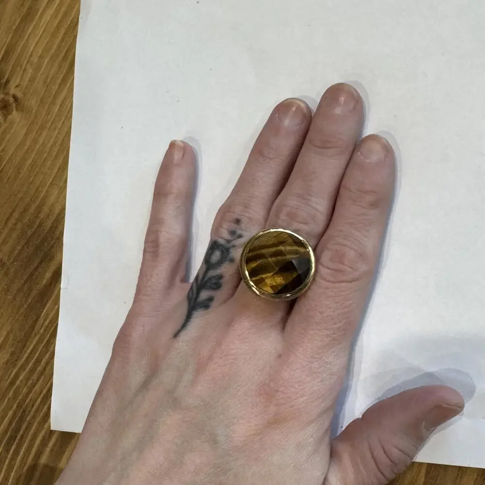 Vintage Gold Plated Tigers Eye Ring‎ Large Stone Jewelry Statement Single