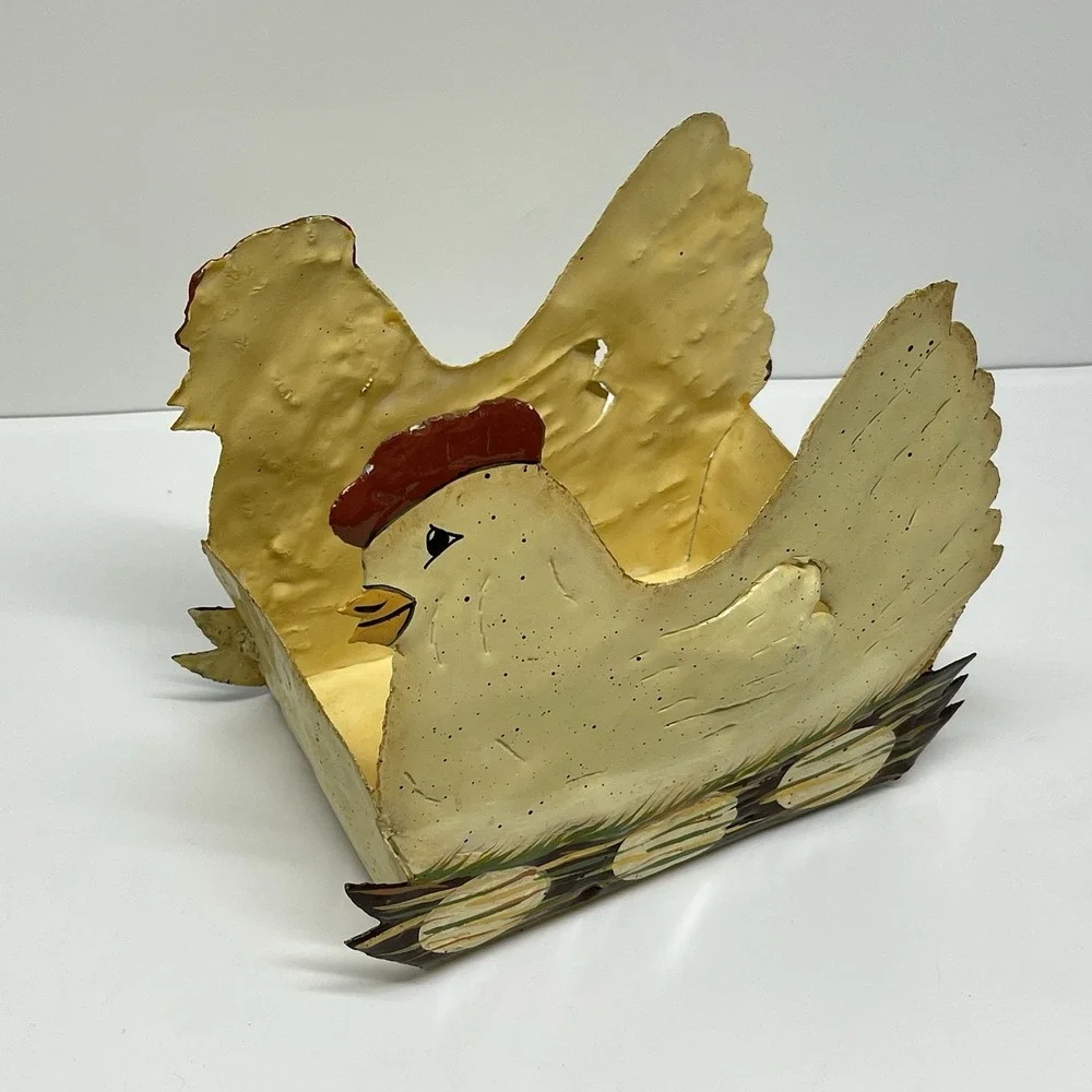 Hen On Nest Painted Metal Nesting Egg Basket Planter Country Core Farmhouse Vtg
