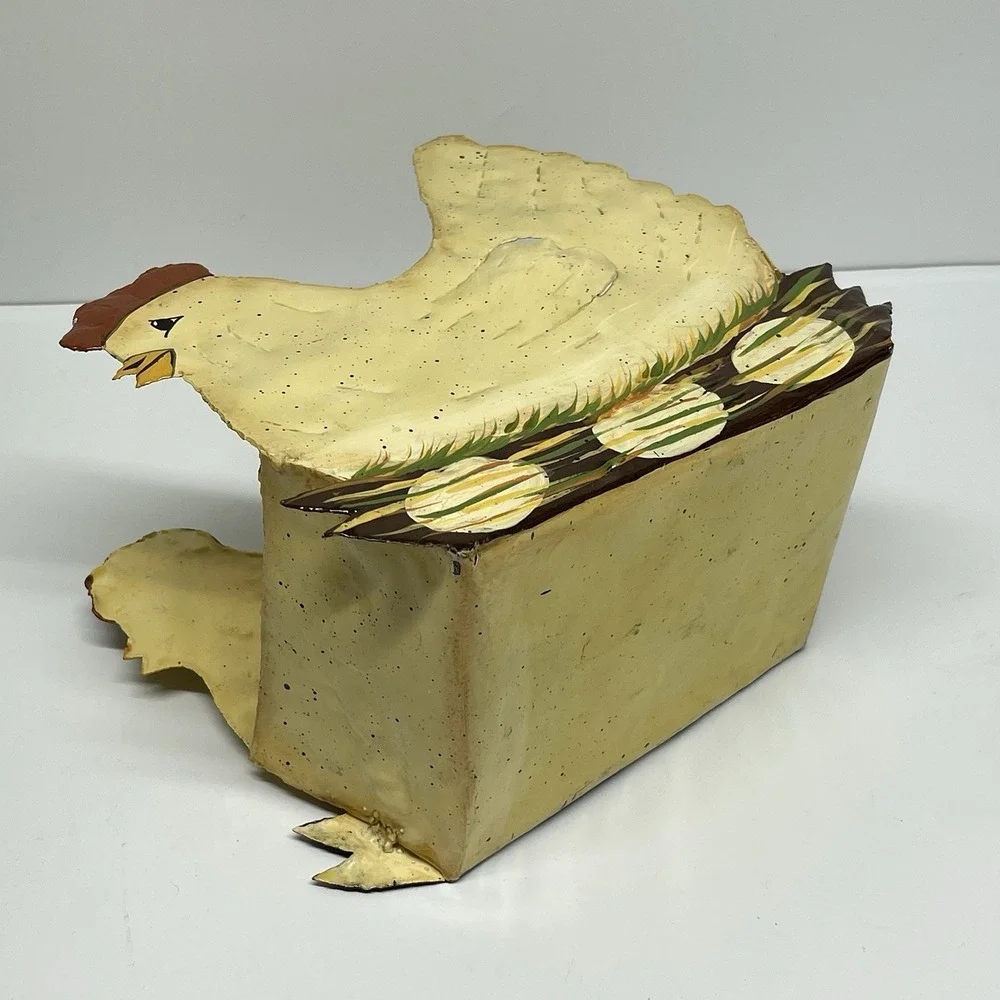 Hen On Nest Painted Metal Nesting Egg Basket Planter Country Core Farmhouse Vtg