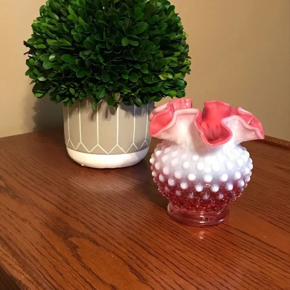Vintage cranberry Fenton hobnail vase